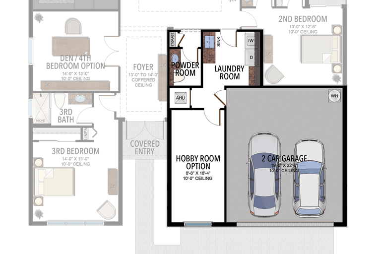 Hobby Room, Alternate Laundry Room, Powder Room & 2 Car Garage in lieu of 3 Car Garage